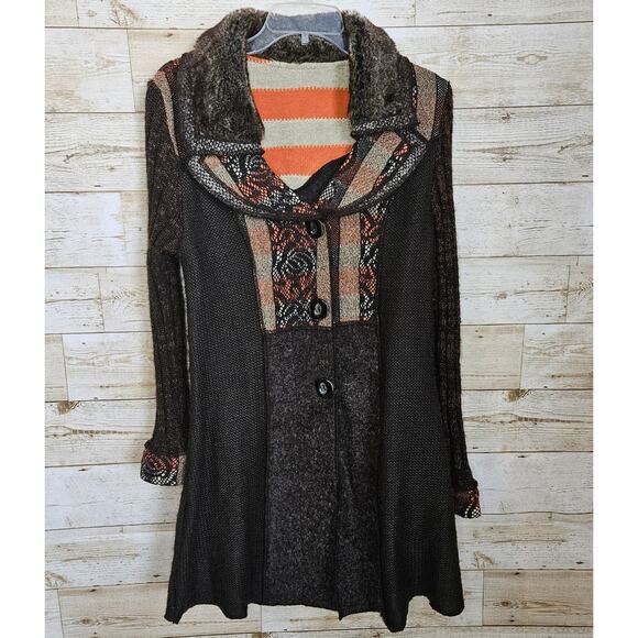 Sioni Sweater Coat Size Medium Cardigan Wool Mohair Brown Boho Cottage Patchwork - Picture 2 of 15